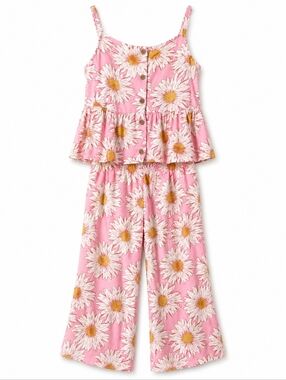 2/$20 H&M Girls 2 Piece Set 8 Pink Daisy Floral Cami Wide Leg Pants Outfit
